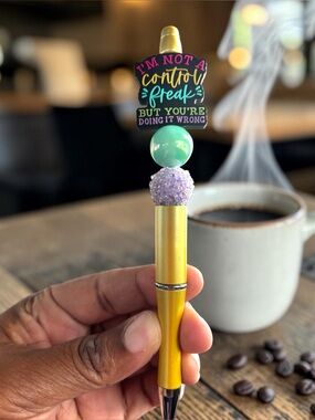 Handcrafted pen “I’m not a control freak but ..” with Aqua and Lavender Beads